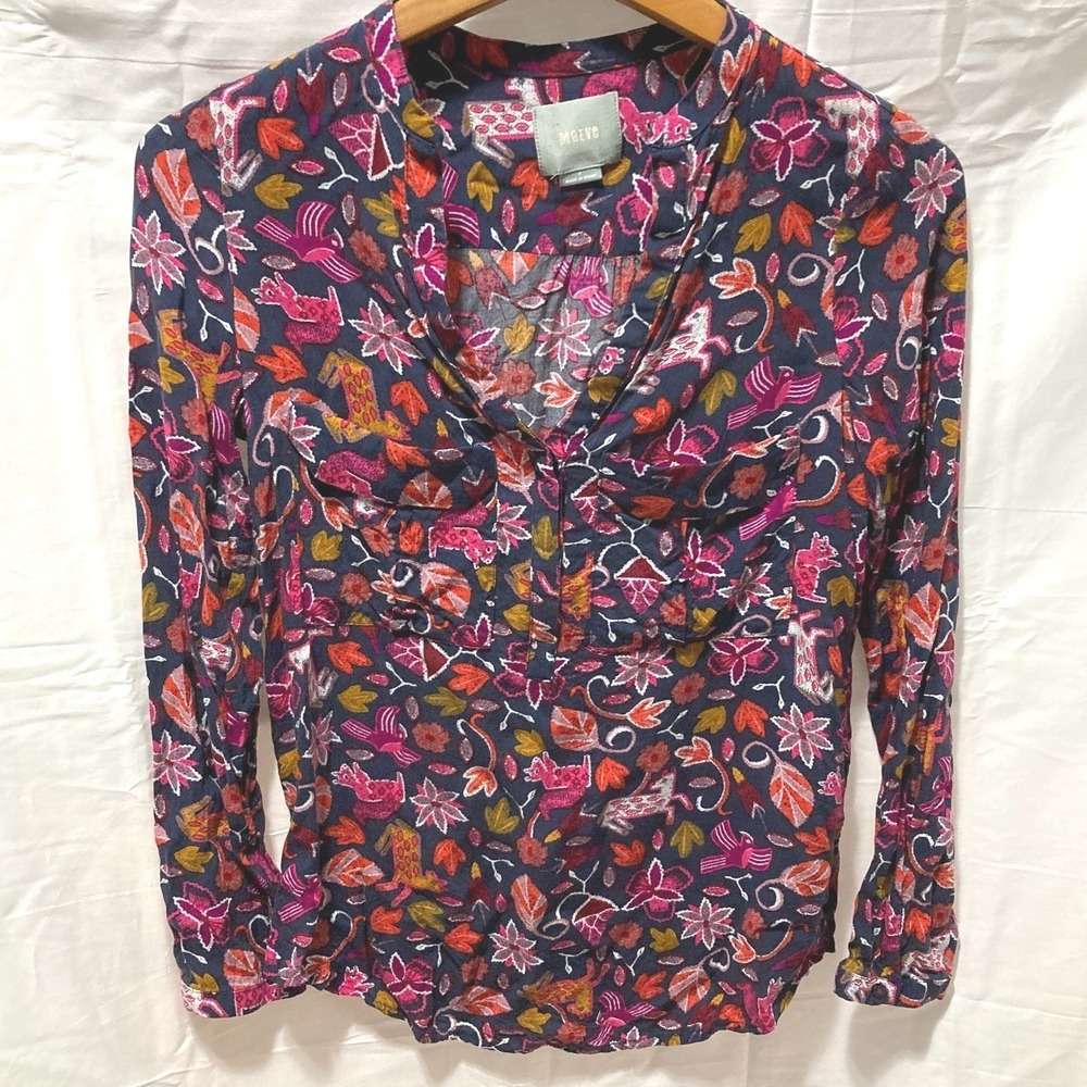 Maeve Blouse Womens Size 4 Navy Blue Animal Floral Print Anthropologie Core Boho